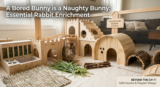 A playpen for rabbits with wooden hideouts and accessories. 