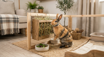 A small rabbit stands inside a wooden and wire pet playpen setup in a bright living room, eating hay from a hanging basket, drinking from a bowl, and interacting with a woven basket and rug.