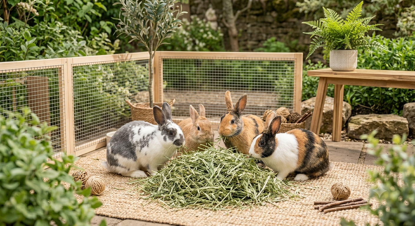 Four rabbits gathered around a pile of hay in an outdoor garden enclosure with wooden fencing and a small wooden table holding a potted plant.